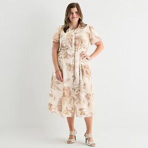 Sandra Darren Floral Puff Sleeve Shirtdress in Ivory & Mocha 1X - NEW